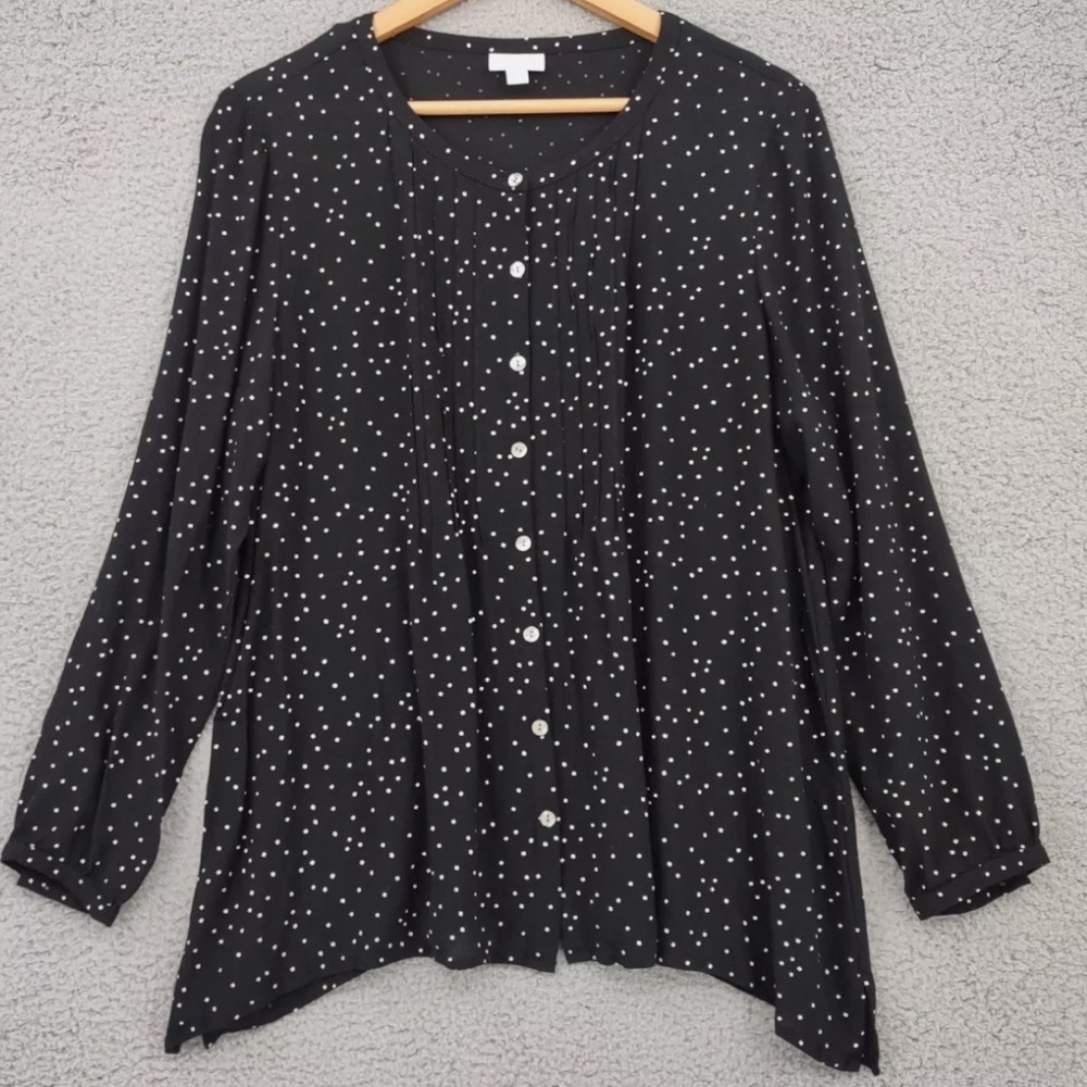 J Jill Top Women’s Black White Squares Pleated Button Front Long Sleeves